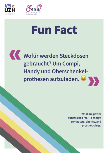 Alternativtext: Plakat mit hellgrünem Hintergrund und Disability Pride Flagge unten links, Plakattext: Fun Fact 