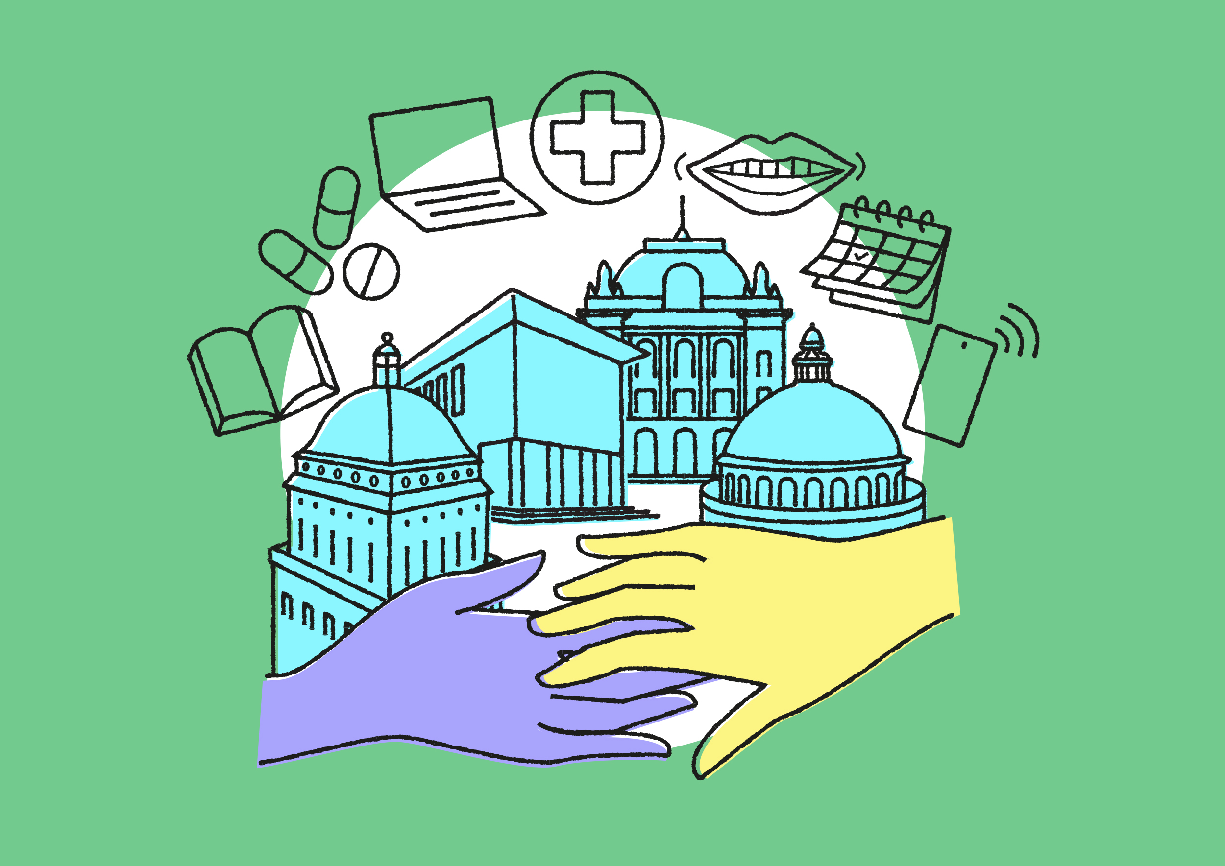 zwei Hände werden sich gereicht, dahinter die Umrisse der UZH- und ETHZ-Hauptgebäude, darüber in einem Halbkreis angeordnet verschiedene Symbole mit Bezug zu Pflege- und Betreuungsaufgaben wie Terminpläne, Anrufe, Medikamente, Nothilfe