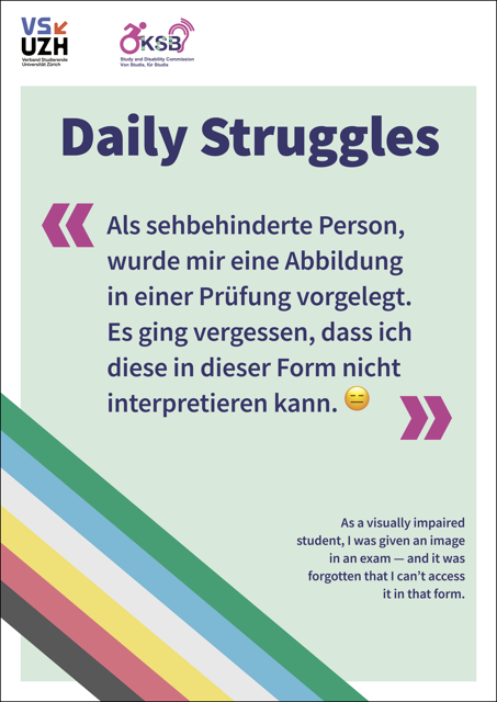 Alternativtext: Plakat mit hellgrünem Hintergrund und Disability Pride Flagge unten links, Plakattext: Daily Struggles 