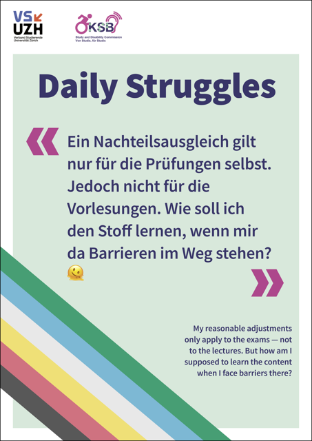 Alternativtext: Plakat mit hellgrünem Hintergrund und Disability Pride Flagge unten links, Plakattext: Daily Struggles 