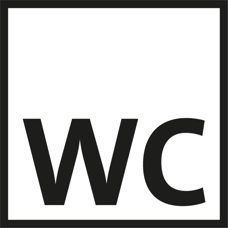 Signalethik für genderneutrale WCs, schwarz umrandetes, weisses Quadrat mit den Buchstaben W und C in schwarz