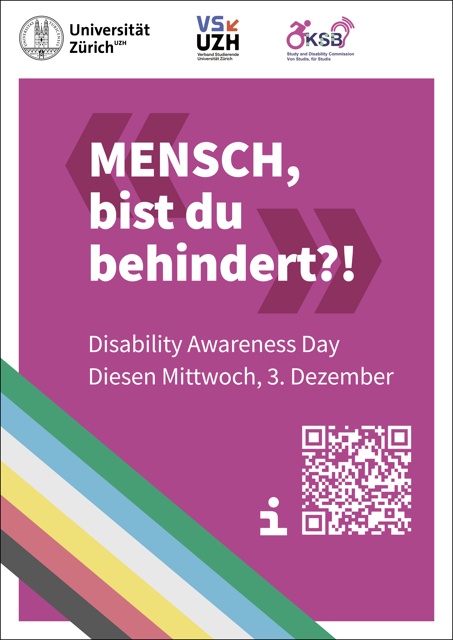 Alternativtext: Plakat mit pinkem Hintergrund und Disability Pride Flagge unten links, Plakattext: 