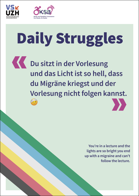 Alternativtext: Plakat mit hellgrünem Hintergrund und Disability Pride Flagge unten links, Plakattext: Daily Struggles 