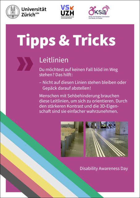 Alternativtext: Plakat mit pinkem Hintergrund und Disability Pride Flagge unten links, Inhalt gibt Tipp zum Verhalten auf, neben, mit Leitlinien
