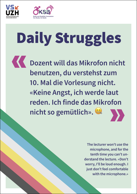 Alternativtext: Plakat mit hellgrünem Hintergrund und Disability Pride Flagge unten links, Plakattext: Daily Struggles 