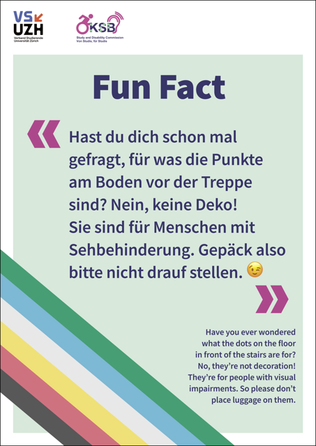 Alternativtext: Plakat mit hellgrünem Hintergrund und Disability Pride Flagge unten links, Plakattext: Fun Fact 