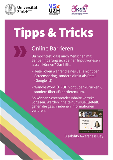Alternativtext: Plakat mit pinkem Hintergrund und Disability Pride Flagge unten links, Inhalt gibt zwei Tipps & Tricks, um Input Screereadertauglich zu gestalten