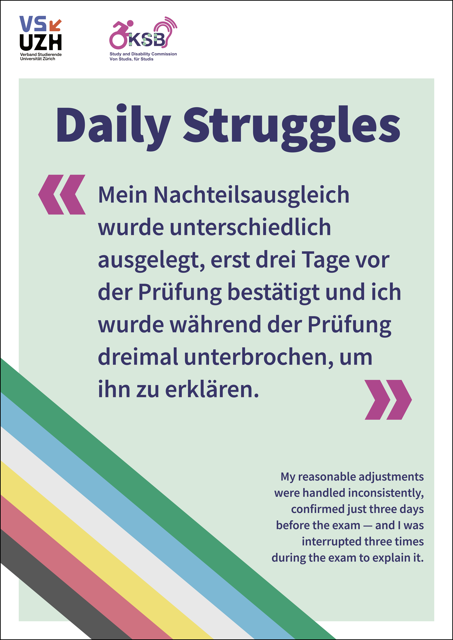 Alternativtext: Plakat mit hellgrünem Hintergrund und Disability Pride Flagge unten links, Plakattext: Daily Struggles 