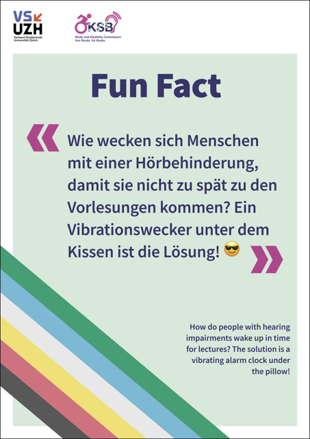 Alternativtext: Plakat mit hellgrünem Hintergrund und Disability Pride Flagge unten links, Plakattext: Fun Fact 