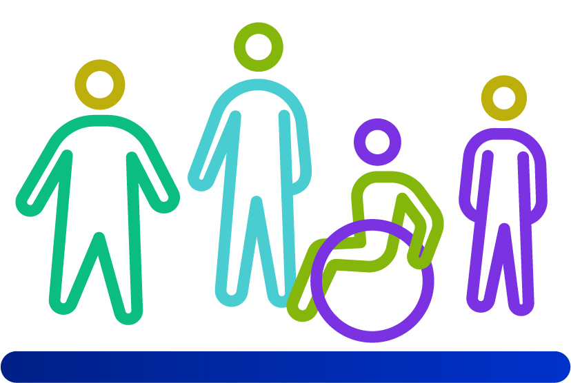 Nebeneinanderstehende Figuren in verschiedenen Farben und mit verschiedenen Körperformen (schmal, breit, gross, klein) sowie eine Figur, die im Rollstuhl sitzt