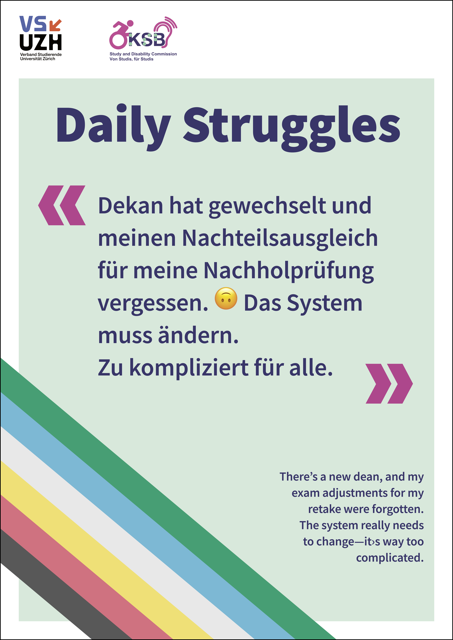Alternativtext: Plakat mit hellgrünem Hintergrund und Disability Pride Flagge unten links, Plakattext: Daily Struggles 