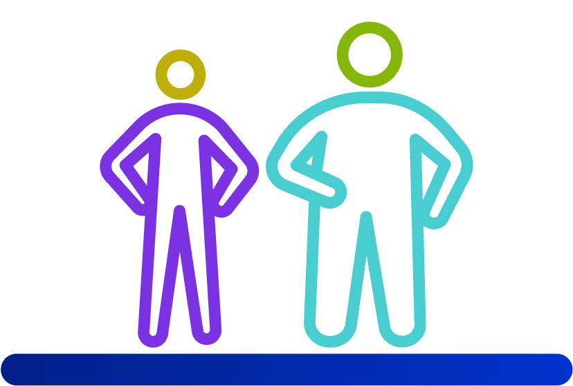 Zwei Figuren, die eine unterschiedliche, aber jeweils selbstbewusste Körperhaltung innehaben.